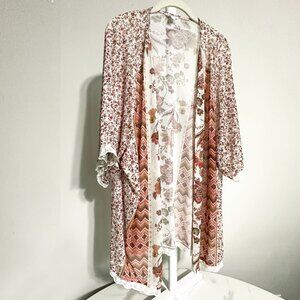 Open Front Kimono Cardigan with Lace Trim